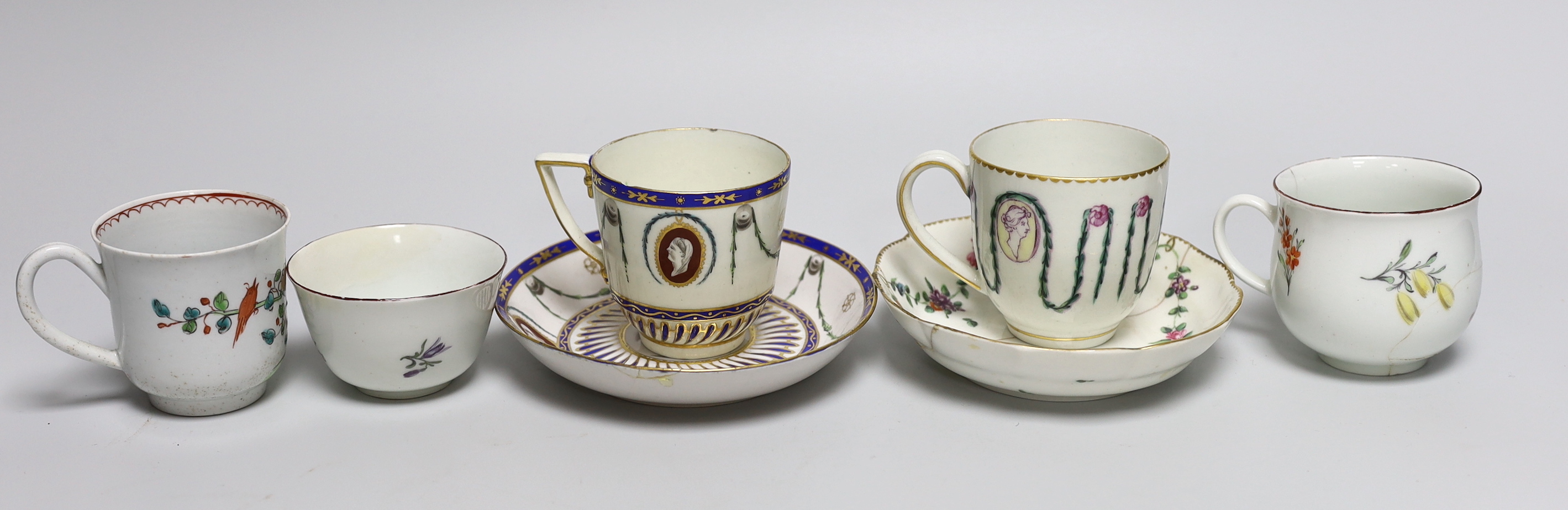 A Chelsea red anchor teabowl and coffee cup, c.1755, a Bow coffee cup, c.1760, a Derby Portrait medallion cup and saucer circa 1785 and a Chelsea-Derby coffee cup and odd saucer